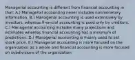 Managerial accounting is different from financial accounting in that: A.) Managerial accounting never includes nonmonetary information. B.) Managerial accounting is used extensively by investors, whereas financial accounting is used only by creditors. C.) Managerial accounting includes many projections and estimates whereas financial accounting has a minimum of predictions. D.) Managerial accounting is mainly used to set stock price. E.) Managerial accounting is more focused on the organization as a whole and financial accounting is more focused on subdivisions of the organization