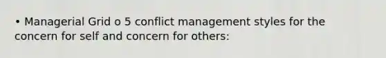 • Managerial Grid o 5 conflict management styles for the concern for self and concern for others: