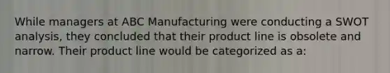 While managers at ABC Manufacturing were conducting a SWOT analysis, they concluded that their product line is obsolete and narrow. Their product line would be categorized as a: