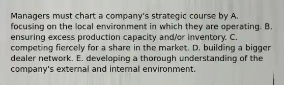 Managers must chart a company's strategic course by A. focusing on the local environment in which they are operating. B. ensuring excess production capacity and/or inventory. C. competing fiercely for a share in the market. D. building a bigger dealer network. E. developing a thorough understanding of the company's external and internal environment.