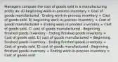 Managers compute the cost of goods sold in a manufacturing entity as: A) beginning work-in-process inventory + Cost of goods manufactured - Ending work-in-process inventory = Cost of goods sold. B) beginning work-in-process inventory + Cost of goods manufactured + Ending work-in-process inventory = Cost of goods sold. C) cost of goods manufactured - Beginning finished goods inventory - Ending finished goods inventory = Cost of goods sold. D) cost of goods manufactured + Beginning finished goods inventory - Ending finished goods inventory = Cost of goods sold. E) cost of goods manufactured - Beginning finished goods inventory + Ending work-in-process inventory = Cost of goods sold.