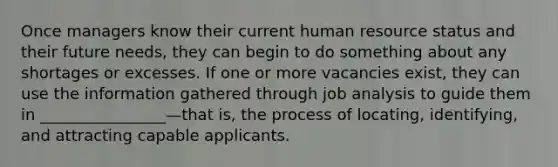 Once managers know their current human resource status and their future needs, they can begin to do something about any shortages or excesses. If one or more vacancies exist, they can use the information gathered through job analysis to guide them in ________________—that is, the process of locating, identifying, and attracting capable applicants.