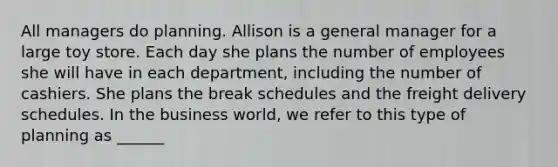 All managers do planning. Allison is a general manager for a large toy store. Each day she plans the number of employees she will have in each department, including the number of cashiers. She plans the break schedules and the freight delivery schedules. In the business world, we refer to this type of planning as ______