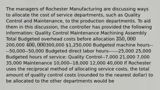 The managers of Rochester Manufacturing are discussing ways to allocate the cost of service departments, such as Quality Control and Maintenance, to the production departments. To aid them in this discussion, the controller has provided the following information: Quality Control Maintenance Machining Assembly Total Budgeted overhead costs before allocation 350,000200,000 400,000300,000 1,250,000 Budgeted machine hours----50,000--50,000 Budgeted direct labor hours------25,000 25,000 Budgeted hours of service: Quality Control--7,000 21,000 7,000 35,000 Maintenance 10,000--18,000 12,000 40,000 If Rochester uses the reciprocal method of allocating service costs, the total amount of quality control costs (rounded to the nearest dollar) to be allocated to the other departments would be