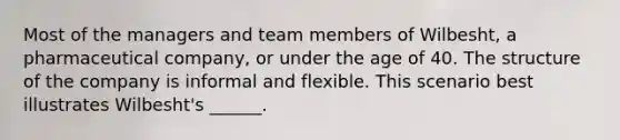 Most of the managers and team members of Wilbesht, a pharmaceutical company, or under the age of 40. The structure of the company is informal and flexible. This scenario best illustrates Wilbesht's ______.