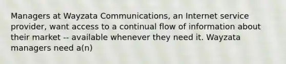 Managers at Wayzata Communications, an Internet service provider, want access to a continual flow of information about their market -- available whenever they need it. Wayzata managers need a(n)