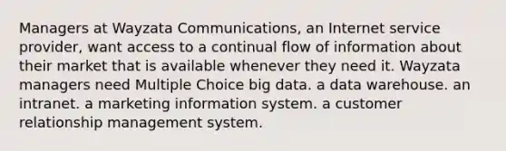 Managers at Wayzata Communications, an Internet service provider, want access to a continual flow of information about their market that is available whenever they need it. Wayzata managers need Multiple Choice big data. a data warehouse. an intranet. a marketing information system. a customer relationship management system.