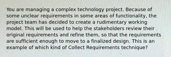 You are managing a complex technology project. Because of some unclear requirements in some areas of functionality, the project team has decided to create a rudimentary working model. This will be used to help the stakeholders review their original requirements and refine them, so that the requirements are sufficient enough to move to a finalized design. This is an example of which kind of Collect Requirements technique?