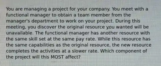 You are managing a project for your company. You meet with a functional manager to obtain a team member from the manager's department to work on your project. During this meeting, you discover the original resource you wanted will be unavailable. The functional manager has another resource with the same skill set at the same pay rate. While this resource has the same capabilities as the original resource, the new resource completes the activities at a slower rate. Which component of the project will this MOST affect?