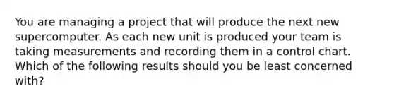 You are managing a project that will produce the next new supercomputer. As each new unit is produced your team is taking measurements and recording them in a control chart. Which of the following results should you be least concerned with?