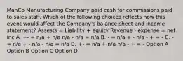 ManCo Manufacturing Company paid cash for commissions paid to sales staff. Which of the following choices reflects how this event would affect the Company's balance sheet and income statement? Assests = Liability + equity Revenue - expense = net inc A. +- = n/a + n/a n/a - n/a = n/a B. - = n/a + - n/a - + = - C. - = n/a + - n/a - n/a = n/a D. +- = n/a + n/a n/a - + = - Option A Option B Option C Option D