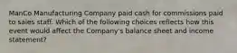 ManCo Manufacturing Company paid cash for commissions paid to sales staff. Which of the following choices reflects how this event would affect the Company's balance sheet and income statement?