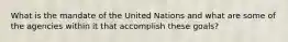 What is the mandate of the United Nations and what are some of the agencies within it that accomplish these goals?