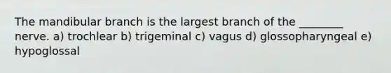 The mandibular branch is the largest branch of the ________ nerve. a) trochlear b) trigeminal c) vagus d) glossopharyngeal e) hypoglossal