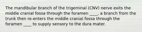 The mandibular branch of the trigeminal (CNV) nerve exits the middle cranial fossa through the foramen ____, a branch from the trunk then re-enters the middle cranial fossa through the foramen ____ to supply sensory to the dura mater.