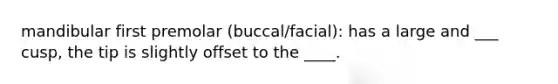 mandibular first premolar (buccal/facial): has a large and ___ cusp, the tip is slightly offset to the ____.