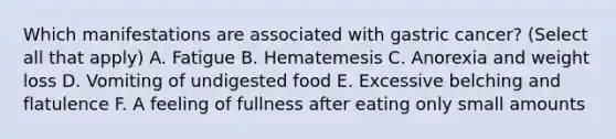 Which manifestations are associated with gastric cancer? (Select all that apply) A. Fatigue B. Hematemesis C. Anorexia and weight loss D. Vomiting of undigested food E. Excessive belching and flatulence F. A feeling of fullness after eating only small amounts