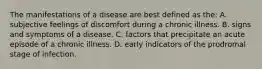 The manifestations of a disease are best defined as the: A. subjective feelings of discomfort during a chronic illness. B. signs and symptoms of a disease. C. factors that precipitate an acute episode of a chronic illness. D. early indicators of the prodromal stage of infection.