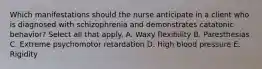 Which manifestations should the nurse anticipate in a client who is diagnosed with schizophrenia and demonstrates catatonic behavior? Select all that apply. A. Waxy flexibility B. Paresthesias C. Extreme psychomotor retardation D. High blood pressure E. Rigidity