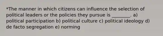 *The manner in which citizens can influence the selection of political leaders or the policies they pursue is ________. a) political participation b) political culture c) <a href='https://www.questionai.com/knowledge/kFKhV6szLO-political-ideology' class='anchor-knowledge'>political ideology</a> d) de facto segregation e) norming