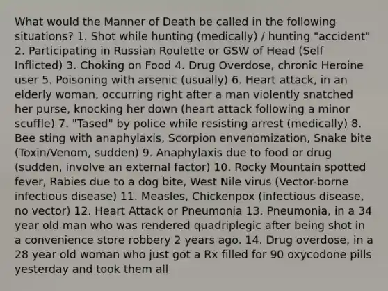 What would the Manner of Death be called in the following situations? 1. Shot while hunting (medically) / hunting "accident" 2. Participating in Russian Roulette or GSW of Head (Self Inflicted) 3. Choking on Food 4. Drug Overdose, chronic Heroine user 5. Poisoning with arsenic (usually) 6. Heart attack, in an elderly woman, occurring right after a man violently snatched her purse, knocking her down (heart attack following a minor scuffle) 7. "Tased" by police while resisting arrest (medically) 8. Bee sting with anaphylaxis, Scorpion envenomization, Snake bite (Toxin/Venom, sudden) 9. Anaphylaxis due to food or drug (sudden, involve an external factor) 10. Rocky Mountain spotted fever, Rabies due to a dog bite, West Nile virus (Vector-borne infectious disease) 11. Measles, Chickenpox (infectious disease, no vector) 12. Heart Attack or Pneumonia 13. Pneumonia, in a 34 year old man who was rendered quadriplegic after being shot in a convenience store robbery 2 years ago. 14. Drug overdose, in a 28 year old woman who just got a Rx filled for 90 oxycodone pills yesterday and took them all