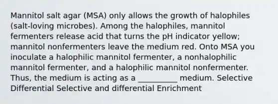 Mannitol salt agar (MSA) only allows the growth of halophiles (salt-loving microbes). Among the halophiles, mannitol fermenters release acid that turns the pH indicator yellow; mannitol nonfermenters leave the medium red. Onto MSA you inoculate a halophilic mannitol fermenter, a nonhalophilic mannitol fermenter, and a halophilic mannitol nonfermenter. Thus, the medium is acting as a __________ medium. Selective Differential Selective and differential Enrichment