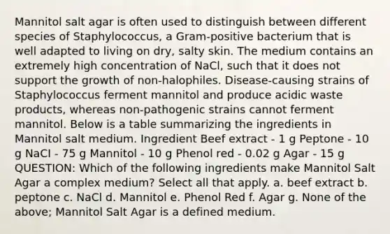 Mannitol salt agar is often used to distinguish between different species of Staphylococcus, a Gram-positive bacterium that is well adapted to living on dry, salty skin. The medium contains an extremely high concentration of NaCl, such that it does not support the growth of non-halophiles. Disease-causing strains of Staphylococcus ferment mannitol and produce acidic waste products, whereas non-pathogenic strains cannot ferment mannitol. Below is a table summarizing the ingredients in Mannitol salt medium. Ingredient Beef extract - 1 g Peptone - 10 g NaCI - 75 g Mannitol - 10 g Phenol red - 0.02 g Agar - 15 g QUESTION: Which of the following ingredients make Mannitol Salt Agar a complex medium? Select all that apply. a. beef extract b. peptone c. NaCl d. Mannitol e. Phenol Red f. Agar g. None of the above; Mannitol Salt Agar is a defined medium.