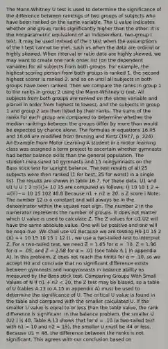 The Mann-Whitney U test is used to determine the significance of the difference between rankings of two groups of subjects who have been ranked on the same variable. The U value indicates whether one group ranks significantly higher than the other. It is the nonparametric equivalent of an independent, two-group t test. It may be used instead of the t test when the assumptions of the t test cannot be met, such as when the data are ordinal or highly skewed. When interval or ratio data are highly skewed, we may want to create one rank order list (on the dependent variable) for all subjects from both groups. For example, the highest scoring person from both groups is ranked 1, the second highest scorer is ranked 2, and so on until all subjects in both groups have been ranked. Then we compare the ranks in group 1 to the ranks in group 2 using the Mann-Whitney U test. All subjects from both groups are ranked on the same variable and placed in order from highest to lowest, and the subjects in group 1 and group 2 are then listed by their ranks. The sums of the ranks for each group are compared to determine whether the median rankings between the groups differ by more than would be expected by chance alone. The formulas in equations 16.05 and 16.06 are modified from Bruning and Kintz (1977, p. 224). An Example From Motor Learning A student in a motor learning class was assigned a term project to ascertain whether gymnasts had better balance skills than the general population. The student mea-sured 10 gymnasts and 15 nongymnasts on the Bass stick test for upright balance. The test results of all 25 subjects were then ranked (1 for best, 25 for worst) in a single list. The results are shown in table 16.7. For these data, U1 and U1 U U 1 2 =()()+ 10 15 are computed as follows: () 10 10 1 2 + =()()−= 10 15 102 48.8 Because n1 + n2 ≥ 20, a Z score i Note: The number 12 is a constant and will always be in the denominator within the square root sign. The number 2 in the numerator represents the number of groups. It does not matter which U value is used to calculate Z. The Z values for U1 U2 will have the same absolute value: One will be positive and one will be nega-tive. We shall use U1 Because we are testing H0 10 15 2 ()() ++ 10 15 10 15 1 12 () , we use a two-tailed test to interpret Z. For a two-tailed test, we need Z = 1.65 for α = .10, Z = 1.96 for α = .05, and Z = 2.58 for α = .01 (see table A.1 in appendix A). In this problem, Z does not reach the limits for α = .10, so we accept H0 and conclude that no significant difference exists between gymnasts and nongymnasts in balance ability as measured by the Bass stick test. Comparing Groups With Small Values of N If n1 + n2 < 20, the Z test may be biased, so a table of U (tables A.13 to A.15 in appendix A) must be used to determine the significance of U. The critical U value is found in the table and compared with the smaller calculated U. If the smaller U value is equal to or less than the table value, the rank difference is significant. In the balance problem, the smaller U (U2 ) is 48. Table A.13 shows that for α = .10 (a two-tailed test with n1 = 10 and n2 = 15), the smaller U must be 44 or less. Because U1 = 48, the difference between the ranks is not significant. This agrees with our conclusion based on