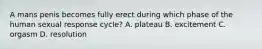 A mans penis becomes fully erect during which phase of the human sexual response cycle? A. plateau B. excitement C. orgasm D. resolution