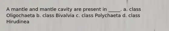 A mantle and mantle cavity are present in _____. a. class Oligochaeta b. class Bivalvia c. class Polychaeta d. class Hirudinea