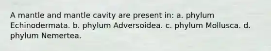 A mantle and mantle cavity are present in: a. phylum Echinodermata. b. phylum Adversoidea. c. phylum Mollusca. d. phylum Nemertea.