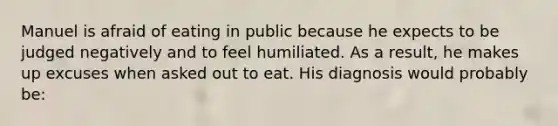 Manuel is afraid of eating in public because he expects to be judged negatively and to feel humiliated. As a result, he makes up excuses when asked out to eat. His diagnosis would probably be: