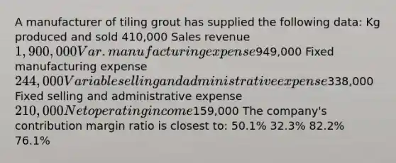 A manufacturer of tiling grout has supplied the following data: Kg produced and sold 410,000 Sales revenue 1,900,000 Var. manufacturing expense949,000 Fixed manufacturing expense 244,000 Variable selling and administrative expense338,000 Fixed selling and administrative expense 210,000 Net operating income159,000 The company's contribution margin ratio is closest to: 50.1% 32.3% 82.2% 76.1%