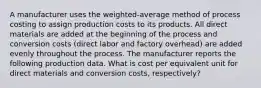 A manufacturer uses the weighted-average method of process costing to assign production costs to its products. All direct materials are added at the beginning of the process and conversion costs (direct labor and factory overhead) are added evenly throughout the process. The manufacturer reports the following production data. What is cost per equivalent unit for direct materials and conversion costs, respectively?