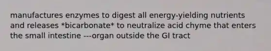 manufactures enzymes to digest all energy-yielding nutrients and releases *bicarbonate* to neutralize acid chyme that enters the small intestine ---organ outside the GI tract