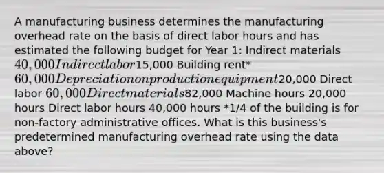 A manufacturing business determines the manufacturing overhead rate on the basis of direct labor hours and has estimated the following budget for Year 1: Indirect materials 40,000 Indirect labor15,000 Building rent* 60,000 Depreciation on production equipment20,000 Direct labor 60,000 Direct materials82,000 Machine hours 20,000 hours Direct labor hours 40,000 hours *1/4 of the building is for non-factory administrative offices. What is this business's predetermined manufacturing overhead rate using the data above?