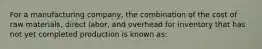 For a manufacturing company, the combination of the cost of raw materials, direct labor, and overhead for inventory that has not yet completed production is known as: