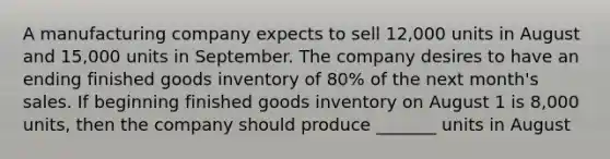 A manufacturing company expects to sell 12,000 units in August and 15,000 units in September. The company desires to have an ending finished goods inventory of 80% of the next month's sales. If beginning finished goods inventory on August 1 is 8,000 units, then the company should produce _______ units in August