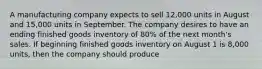 A manufacturing company expects to sell 12,000 units in August and 15,000 units in September. The company desires to have an ending finished goods inventory of 80% of the next month's sales. If beginning finished goods inventory on August 1 is 8,000 units, then the company should produce