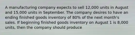 A manufacturing company expects to sell 12,000 units in August and 15,000 units in September. The company desires to have an ending finished goods inventory of 80% of the next month's sales. If beginning finished goods inventory on August 1 is 8,000 units, then the company should produce