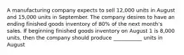 A manufacturing company expects to sell 12,000 units in August and 15,000 units in September. The company desires to have an ending finished goods inventory of 80% of the next month's sales. If beginning finished goods inventory on August 1 is 8,000 units, then the company should produce ___________ units in August