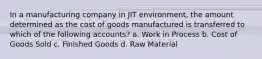 In a manufacturing company in JIT environment, the amount determined as the cost of goods manufactured is transferred to which of the following accounts? a. Work in Process b. Cost of Goods Sold c. Finished Goods d. Raw Material