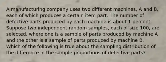 A manufacturing company uses two different machines, A and B, each of which produces a certain item part. The number of defective parts produced by each machine is about 1 percent. Suppose two independent random samples, each of size 100, are selected, where one is a sample of parts produced by machine A and the other is a sample of parts produced by machine B. Which of the following is true about the sampling distribution of the difference in the sample proportions of defective parts?