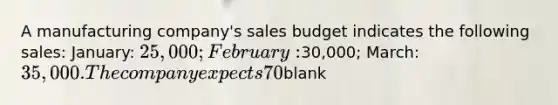 A manufacturing company's sales budget indicates the following sales: January: 25,000; February:30,000; March: 35,000. The company expects 70% of the sales to be on credit and the remainder to be cash sales. Credit sales are collected in the month following the sale. The total cash collected during March will beblank