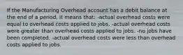 If the Manufacturing Overhead account has a debit balance at the end of a period, it means that: -actual overhead costs were equal to overhead costs applied to jobs. -actual overhead costs were greater than overhead costs applied to jobs. -no jobs have been completed. -actual overhead costs were less than overhead costs applied to jobs.