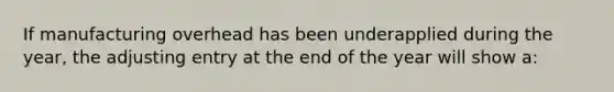 If manufacturing overhead has been underapplied during the year, the adjusting entry at the end of the year will show a: