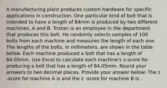 A manufacturing plant produces custom hardware for specific applications in construction. One particular kind of bolt that is intended to have a length of 84mm is produced by two different machines, A and B. Tristan is an employee in the department that produces this bolt. He randomly selects samples of 100 bolts from each machine and measures the length of each one. The lengths of the bolts, in millimeters, are shown in the table below. Each machine produced a bolt that has a length of 84.05mm. Use Excel to calculate each machine's z-score for producing a bolt that has a length of 84.05mm. Round your answers to two decimal places. Provide your answer below: The z​ -score for machine A is and the z​ -score for machine B is .