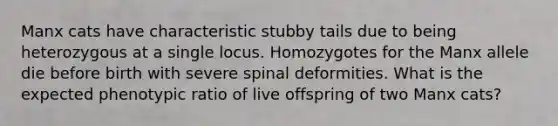 Manx cats have characteristic stubby tails due to being heterozygous at a single locus. Homozygotes for the Manx allele die before birth with severe spinal deformities. What is the expected phenotypic ratio of live offspring of two Manx cats?