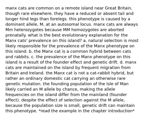 manx cats are common on a remote island near Great Britain, though rare elsewhere. they have a reduced or absent tail and longer hind legs than forelegs. this phenotype is caused by a dominant allele, M, at an autosomal locus. manx cats are always Mm heterozygotes because MM homozygotes are aborted prenatally. what is the best evolutionary explanation for the Manx cats' prevalence on this island? a. natural selection is most likely responsible for the prevalence of the Manx phenotype on this island. b. the Manx cat is a common hybrid between cats and rabbits. c. the prevalence of the Manx phenotype on this island is a result of the founder effect and genetic drift. d. manx cats are maintained on the island by frequent migration from Britain and Ireland. the Manx cat is not a cat-rabbit hybrid, but rather an ordinary domestic cat carrying an otherwise rare genetic mutation. the founding population of the Isle of Man likely carried an M allele by chance, making the allele frequencies on the island differ from the mainland (founder effect). despite the effect of selection against the M allele, because the population size is small, genetic drift can maintain this phenotype. *read the example in the chapter introduction*