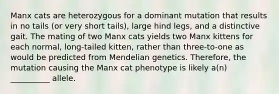 Manx cats are heterozygous for a dominant mutation that results in no tails (or very short tails), large hind legs, and a distinctive gait. The mating of two Manx cats yields two Manx kittens for each normal, long-tailed kitten, rather than three-to-one as would be predicted from Mendelian genetics. Therefore, the mutation causing the Manx cat phenotype is likely a(n) __________ allele.